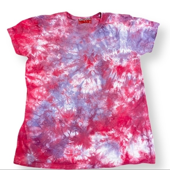 Hand Crafted Tops - Tie dye tee tshirt ladies fitted Large pink and purple pastel galaxy effect